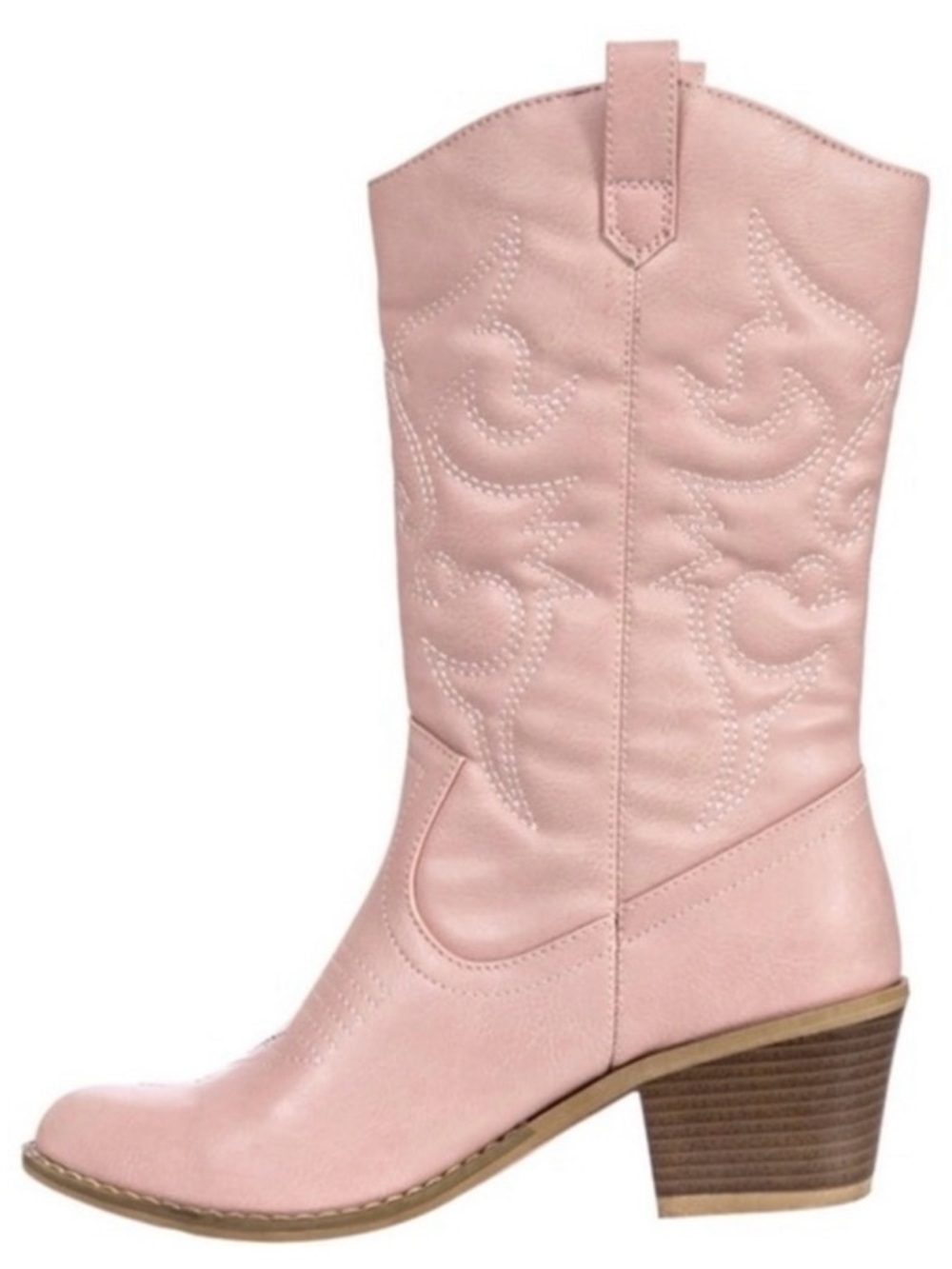 Cowgirl Boots pink faux leather Mid-Calf Stiching Western Low Stacked Heel